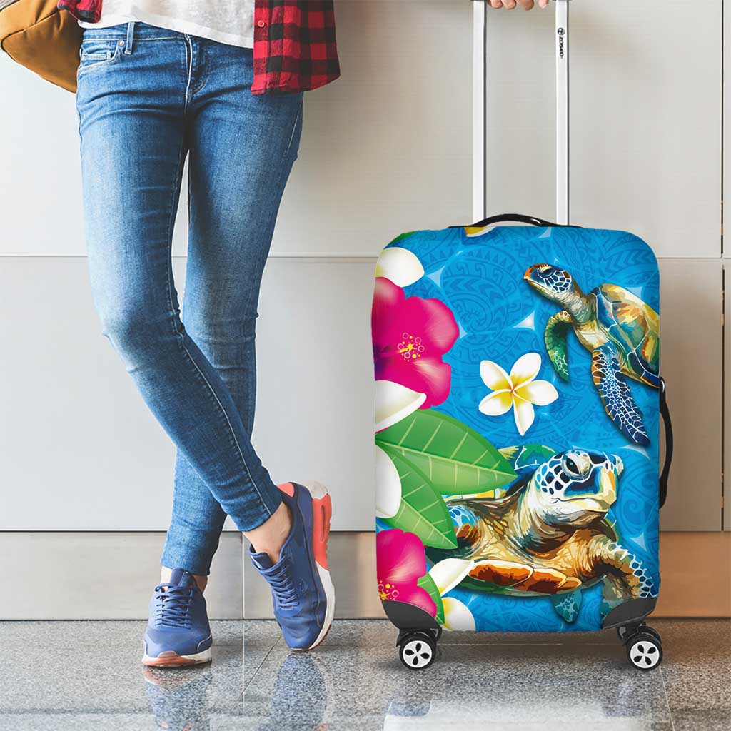 Hawaiian Tropical Flower and Honu Under Blue Water Luggage Cover