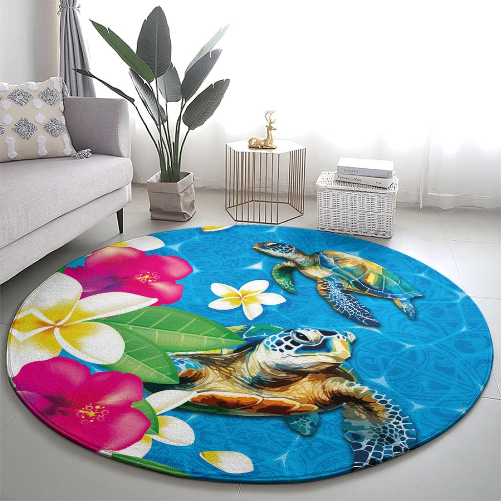 Hawaiian Tropical Flower and Honu Under Blue Water Round Carpet