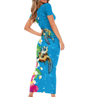 Hawaiian Tropical Flower and Honu Under Blue Water Short Sleeve Bodycon Dress LT03 - Polynesian Pride