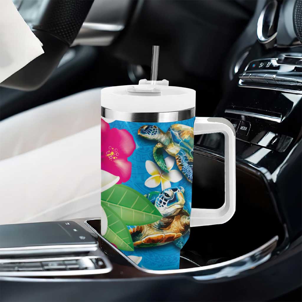 Hawaiian Tropical Flower and Honu Under Blue Water Tumbler With Handle