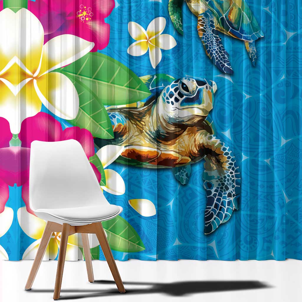Hawaiian Tropical Flower and Honu Under Blue Water Window Curtain