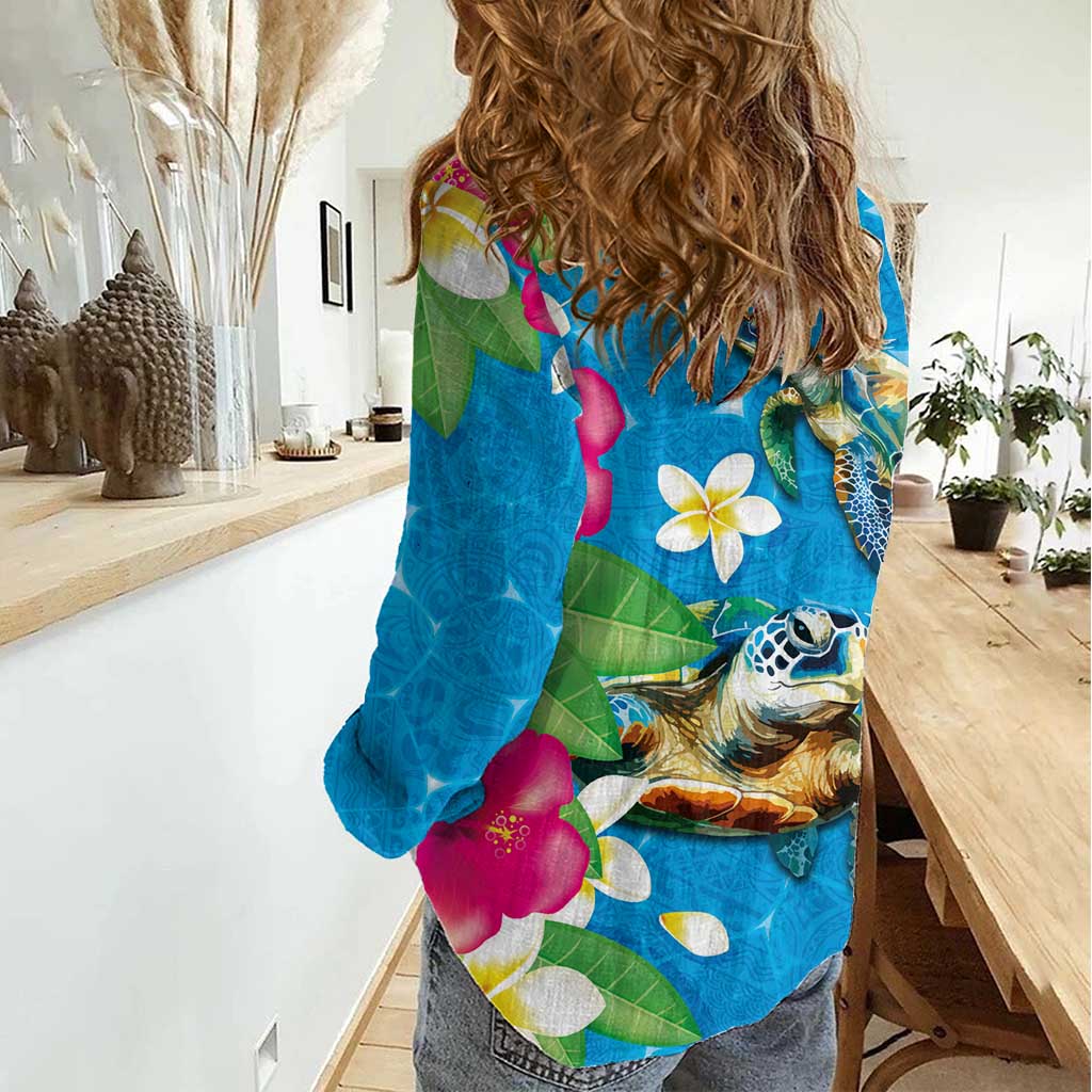 Hawaiian Tropical Flower and Honu Under Blue Water Women Casual Shirt