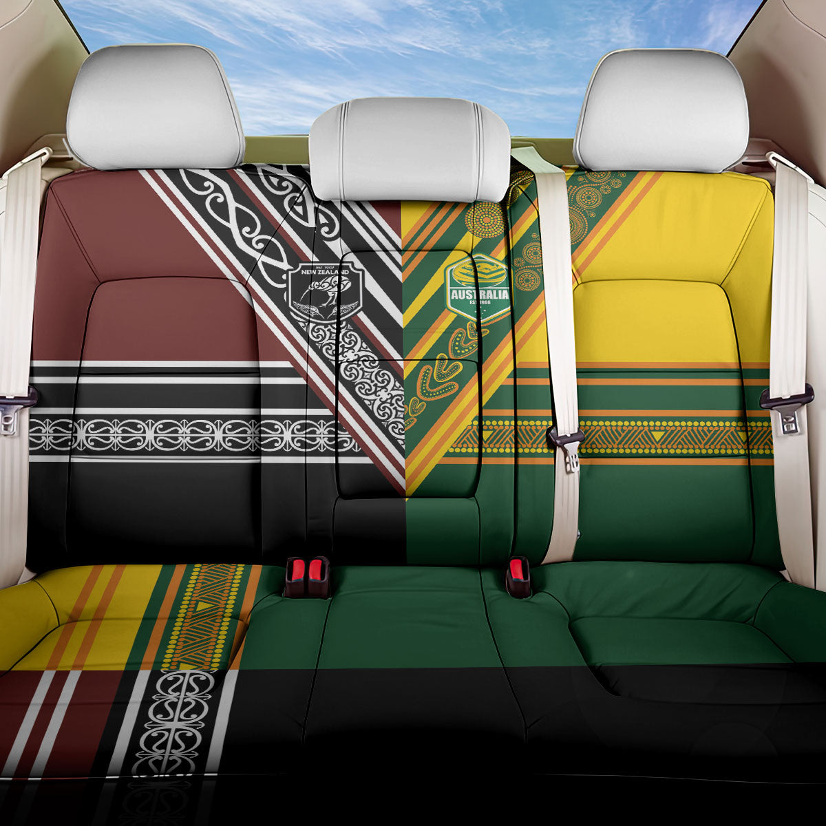 Rugby New Zealand and Australia Back Car Seat Cover Burgundy Koru Geometric with Aboriginal Chevron Sport Style LT03 One Size Multicolor - Polynesian Pride