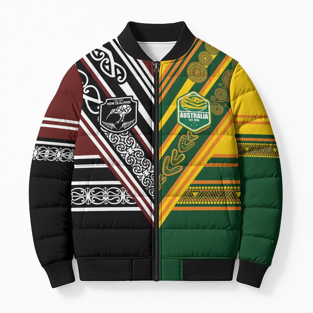 Custom Rugby New Zealand and Australia Bomber Puffer Jacket Burgundy Koru Geometric with Aboriginal Chevron Sport Style LT03 Unisex Multicolor - Polynesian Pride