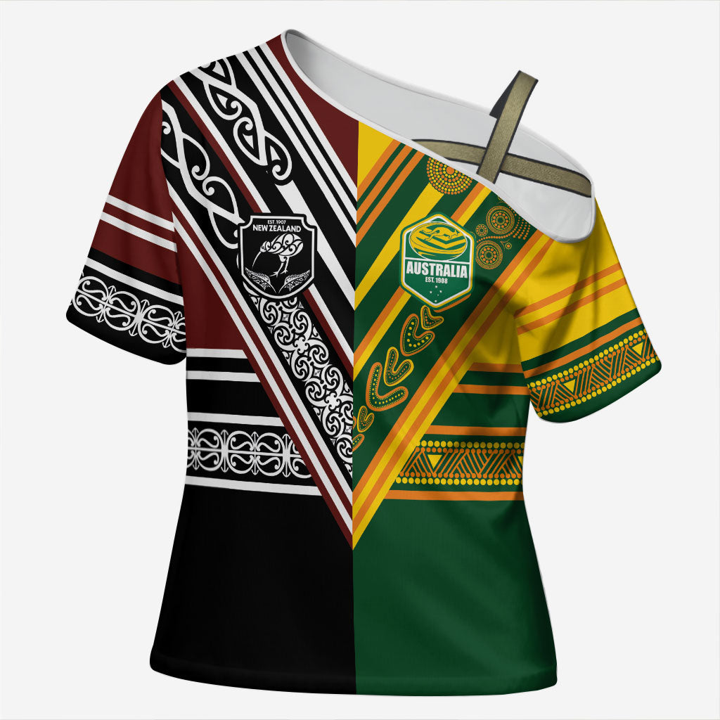 Custom Rugby New Zealand and Australia Cross Shoulder Shirt Burgundy Koru Geometric with Aboriginal Chevron Sport Style LT03 Female Multicolor - Polynesian Pride