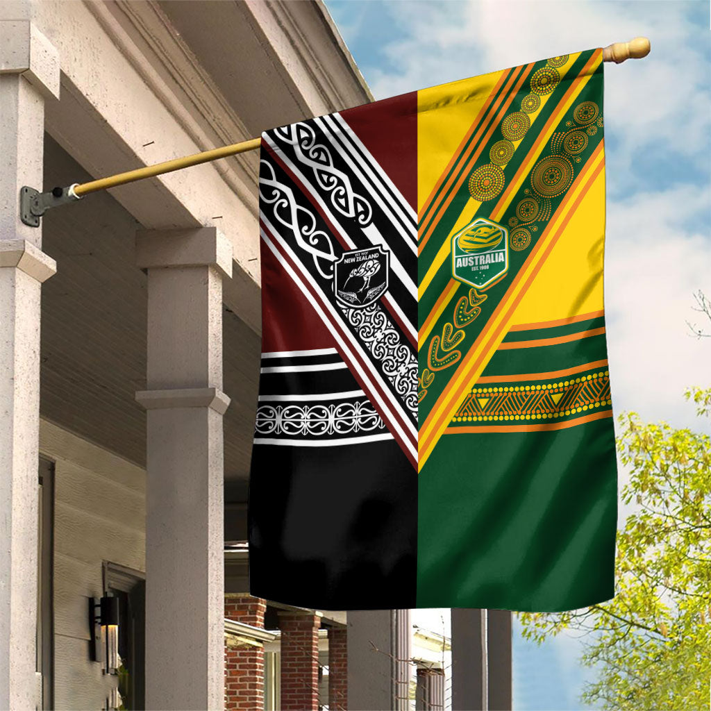 Rugby New Zealand and Australia Garden Flag Burgundy Koru Geometric with Aboriginal Chevron Sport Style LT03 House Flag Multicolor - Polynesian Pride