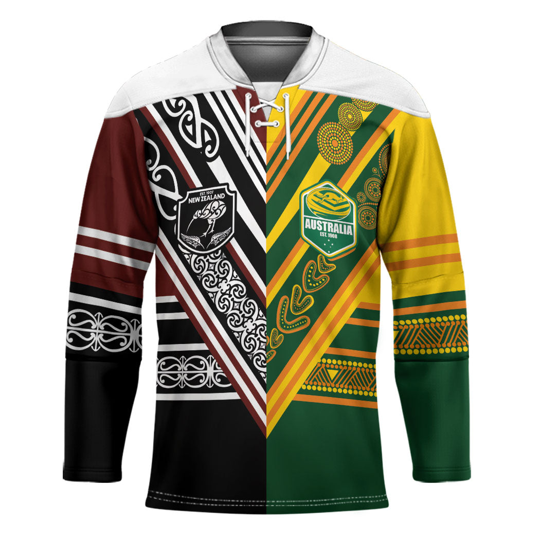 Custom Rugby New Zealand and Australia Hockey Jersey Burgundy Koru Geometric with Aboriginal Chevron Sport Style LT03 Unisex Multicolor - Polynesian Pride