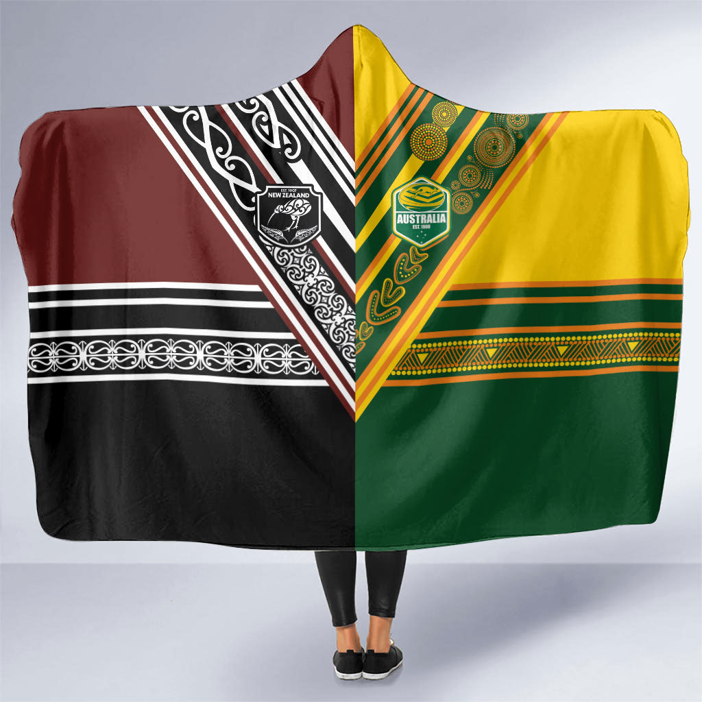 Rugby New Zealand and Australia Hooded Blanket Burgundy Koru Geometric with Aboriginal Chevron Sport Style LT03 One Size Multicolor - Polynesian Pride