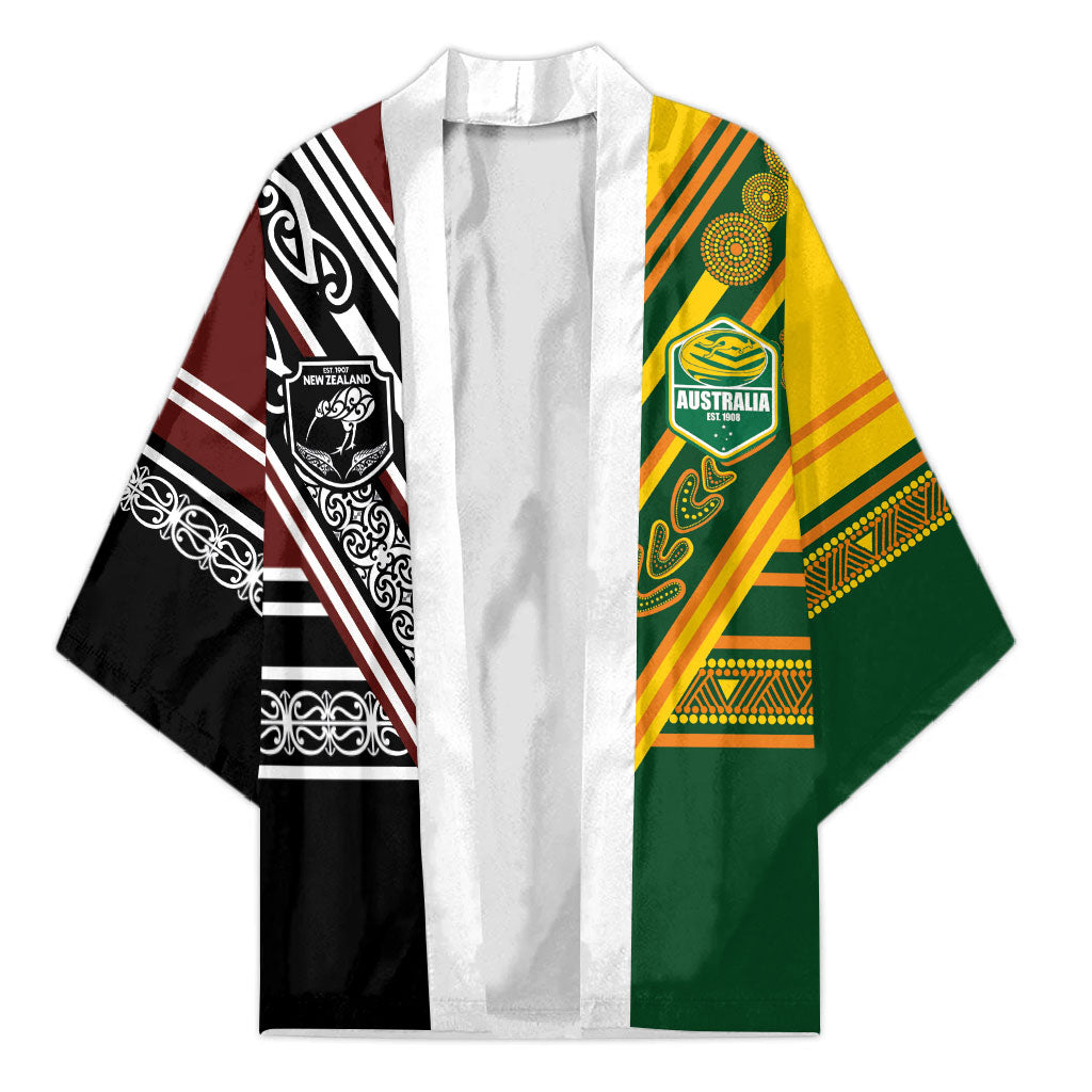 Custom Rugby New Zealand and Australia Kimono Burgundy Koru Geometric with Aboriginal Chevron Sport Style LT03 Unisex Multicolor - Polynesian Pride