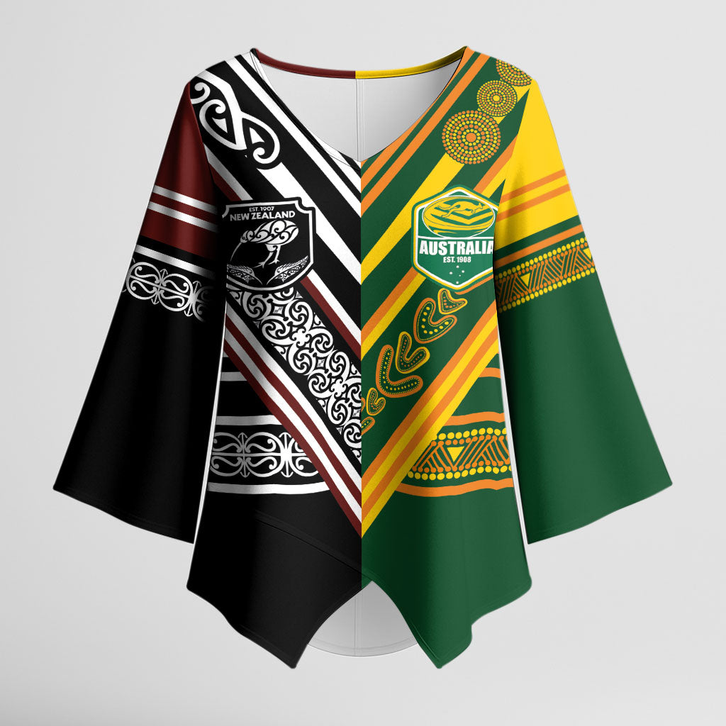Custom Rugby New Zealand and Australia Kimono Sleeve Blouse Burgundy Koru Geometric with Aboriginal Chevron Sport Style LT03 Female Multicolor - Polynesian Pride