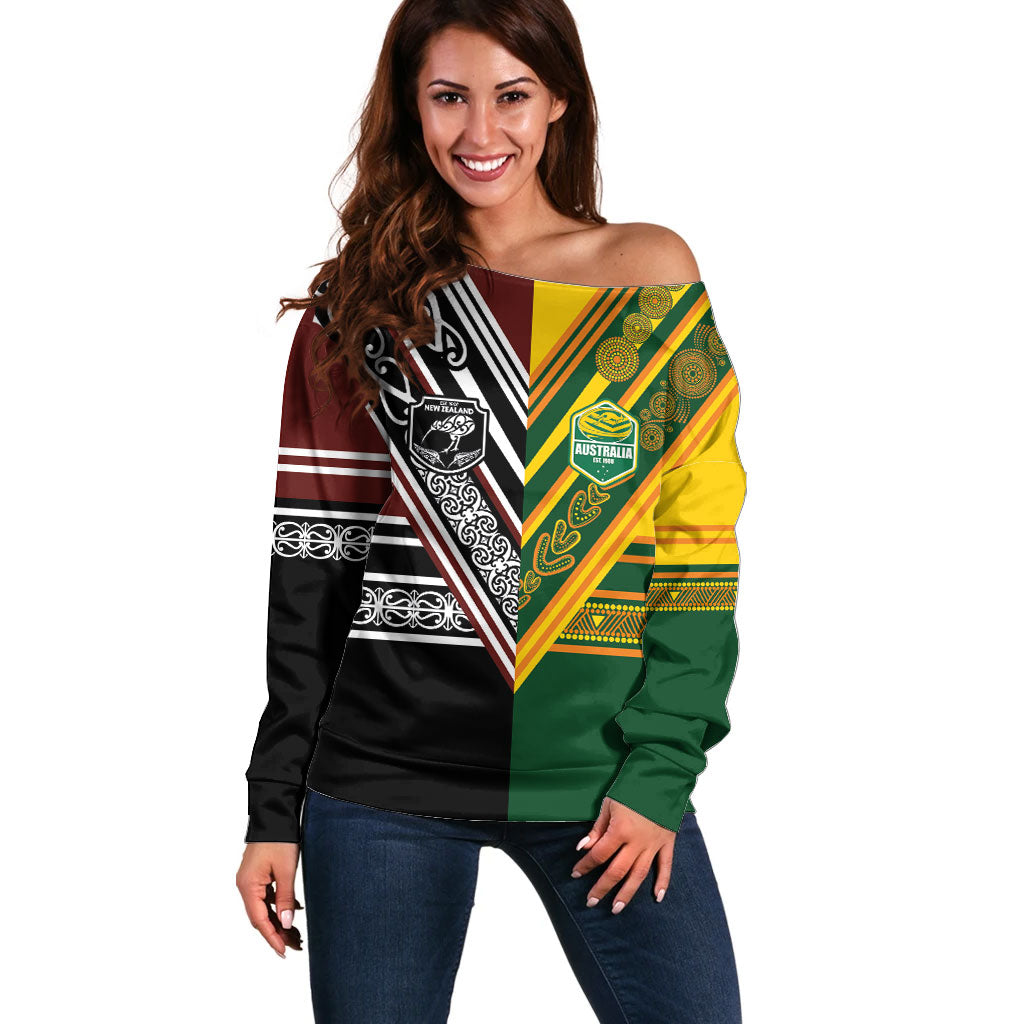 Custom Rugby New Zealand and Australia Off Shoulder Sweater Burgundy Koru Geometric with Aboriginal Chevron Sport Style LT03 Women Multicolor - Polynesian Pride