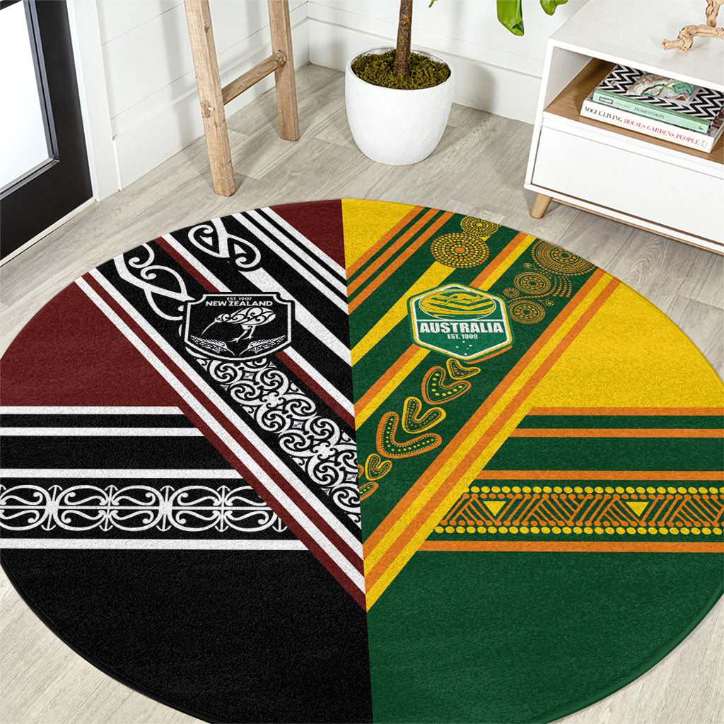 Rugby New Zealand and Australia Round Carpet Burgundy Koru Geometric with Aboriginal Chevron Sport Style LT03 Multicolor - Polynesian Pride