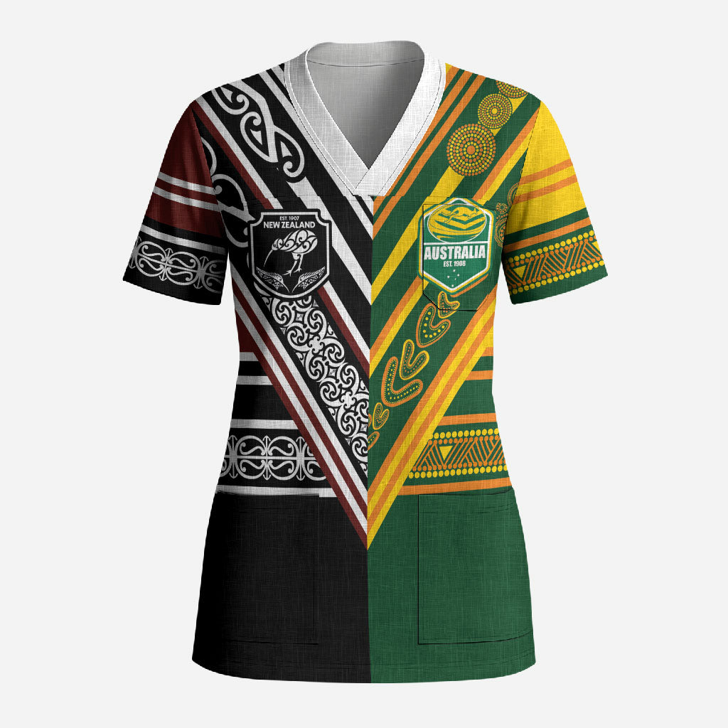 Custom Rugby New Zealand and Australia Scrub Top Burgundy Koru Geometric with Aboriginal Chevron Sport Style LT03 Adult Multicolor - Polynesian Pride