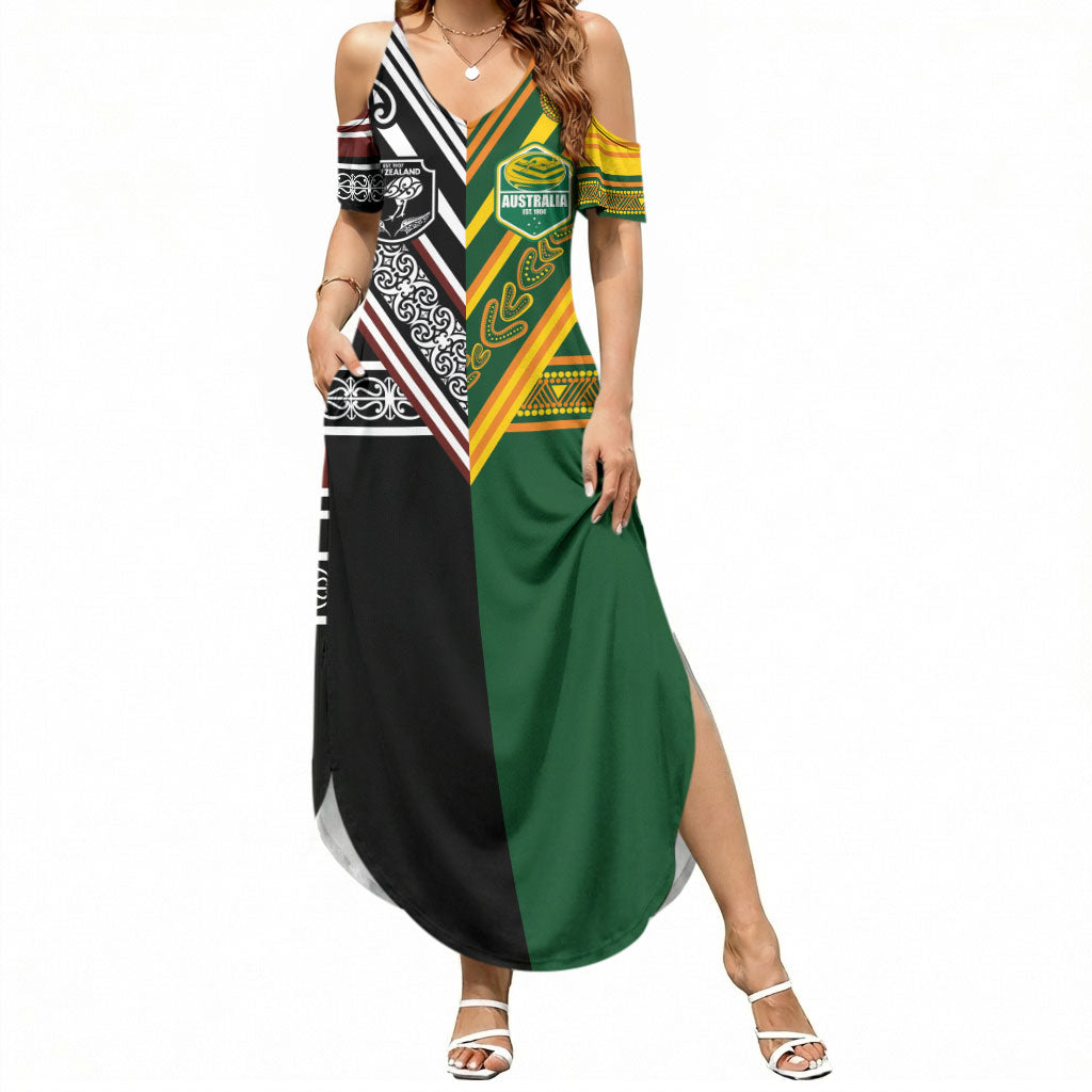 Custom Rugby New Zealand and Australia Summer Maxi Dress Burgundy Koru Geometric with Aboriginal Chevron Sport Style LT03 Women Multicolor - Polynesian Pride