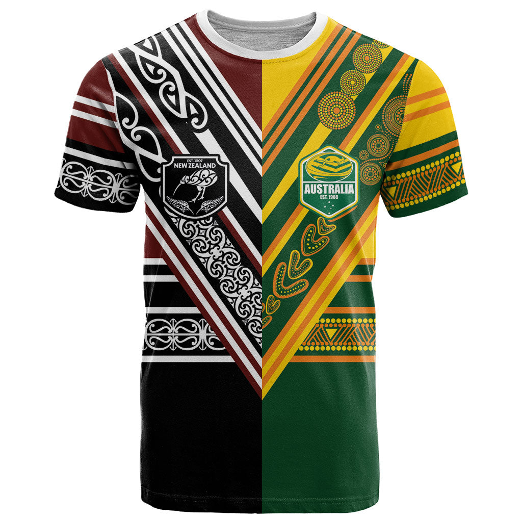 Custom Rugby New Zealand and Australia T Shirt Burgundy Koru Geometric with Aboriginal Chevron Sport Style LT03 Multicolor - Polynesian Pride