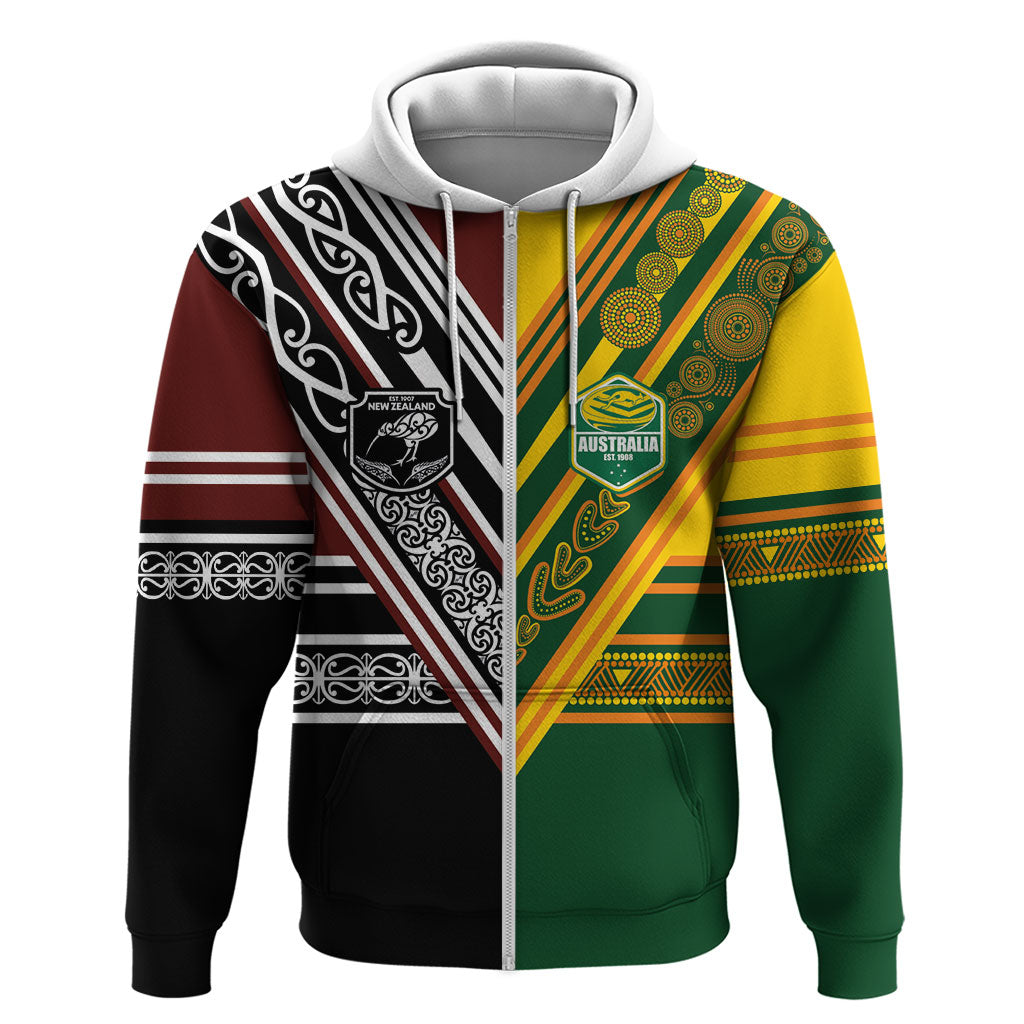 Custom Rugby New Zealand and Australia Zip Hoodie Burgundy Koru Geometric with Aboriginal Chevron Sport Style LT03 Zip Hoodie Multicolor - Polynesian Pride