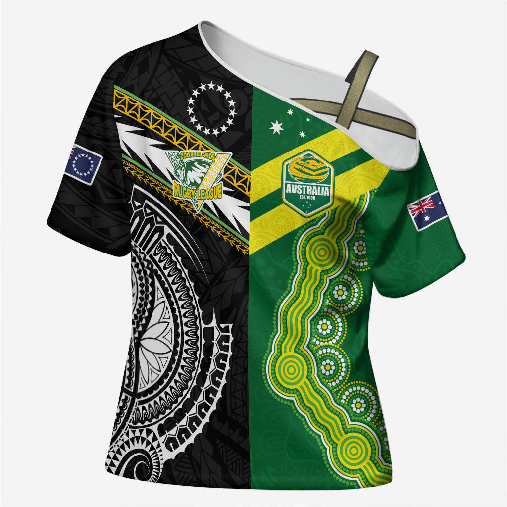 Custom Rugby Cook Islands and Australia Cross Shoulder Shirt Tatau Tribal with Aboriginal Chevron Sport Style LT03 Female Multicolor - Polynesian Pride