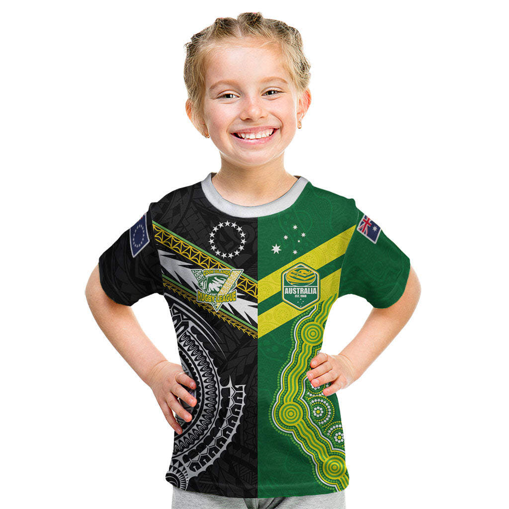 Custom Rugby Cook Islands and Australia Kid T Shirt Tatau Tribal with Aboriginal Chevron Sport Style LT03 Multicolor - Polynesian Pride