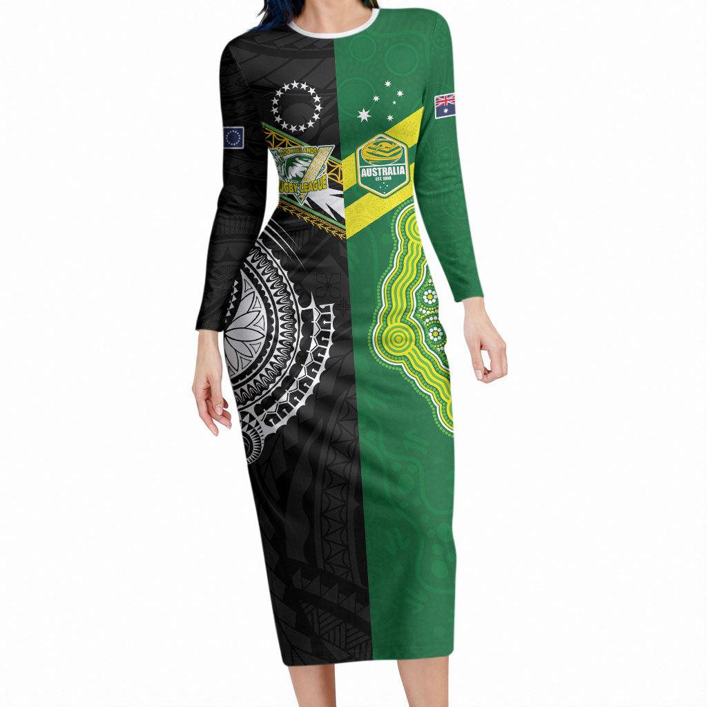 Custom Rugby Cook Islands and Australia Long Sleeve Bodycon Dress Tatau Tribal with Aboriginal Chevron Sport Style LT03 Long Dress Multicolor - Polynesian Pride