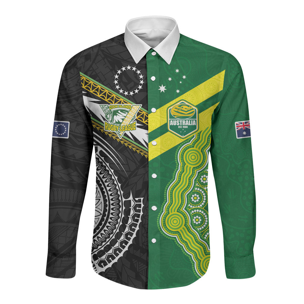 Custom Rugby Cook Islands and Australia Long Sleeve Button Shirt Tatau Tribal with Aboriginal Chevron Sport Style LT03 Unisex Multicolor - Polynesian Pride