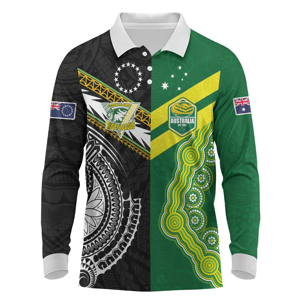 Custom Rugby Cook Islands and Australia Long Sleeve Polo Shirt Tatau Tribal with Aboriginal Chevron Sport Style LT03 Multicolor - Polynesian Pride