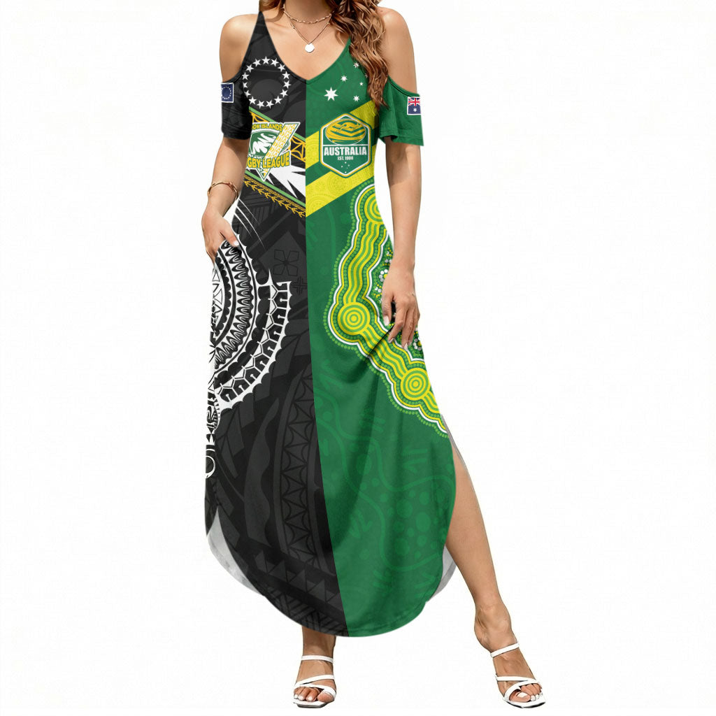 Custom Rugby Cook Islands and Australia Summer Maxi Dress Tatau Tribal with Aboriginal Chevron Sport Style LT03 Women Multicolor - Polynesian Pride