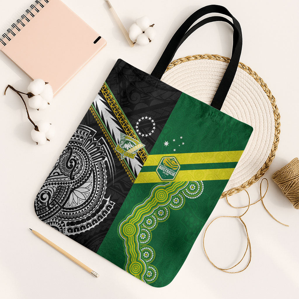 Rugby Cook Islands and Australia Tote Bag Tatau Tribal with Aboriginal Chevron Sport Style LT03 Black Strap One Size Multicolor - Polynesian Pride