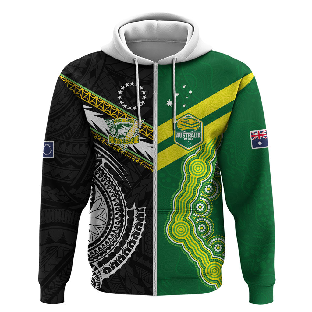 Custom Rugby Cook Islands and Australia Zip Hoodie Tatau Tribal with Aboriginal Chevron Sport Style LT03 Zip Hoodie Multicolor - Polynesian Pride