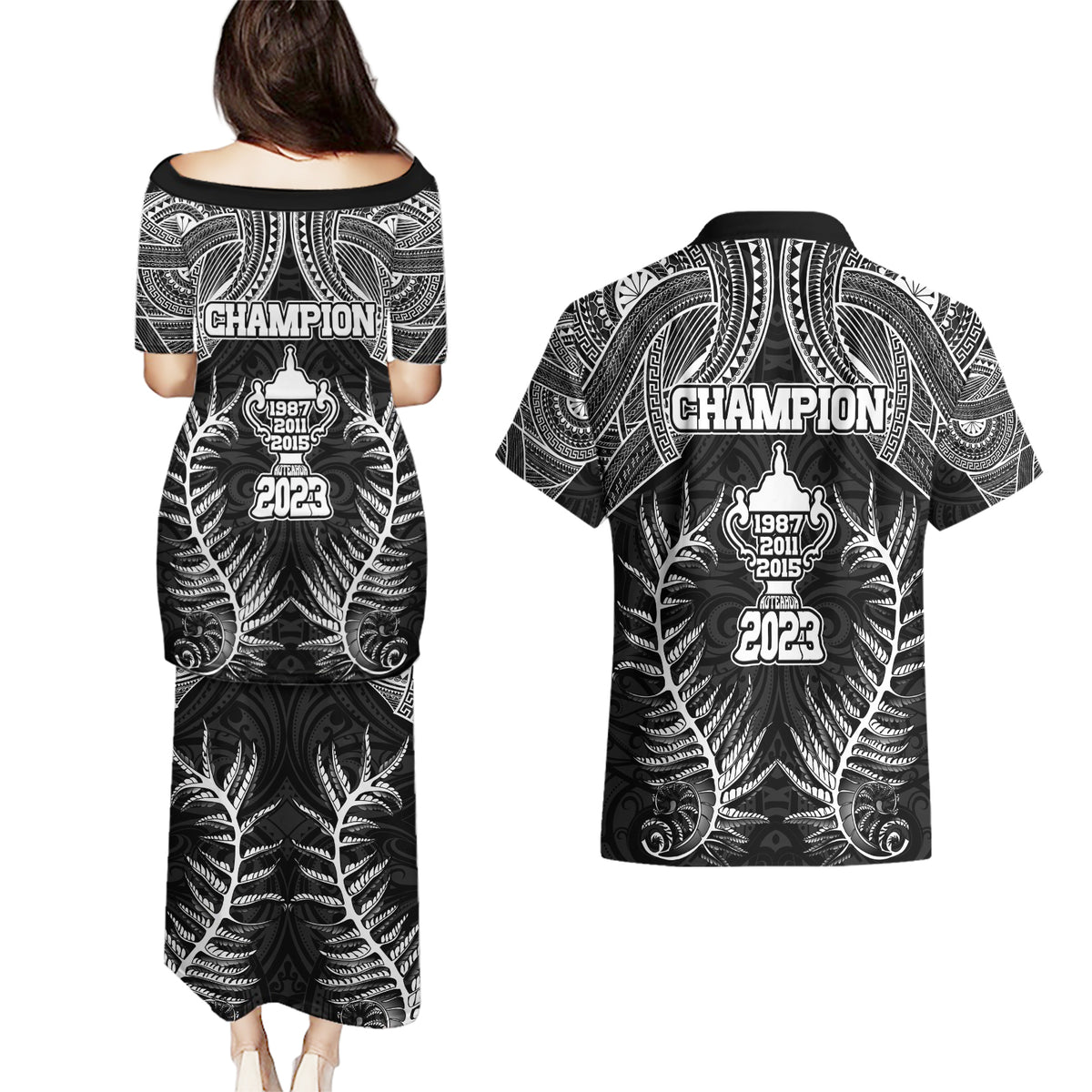 New Zealand Rugby Couples Matching Puletasi Dress and Hawaiian Shirt Aotearoa Champion Cup History with Silver Fern LT03 - Polynesian Pride