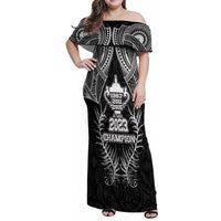 New Zealand Rugby Family Matching Off Shoulder Maxi Dress and Hawaiian Shirt Aotearoa Champion Cup History with Silver Fern LT03 Mom's Dress Black - Polynesian Pride