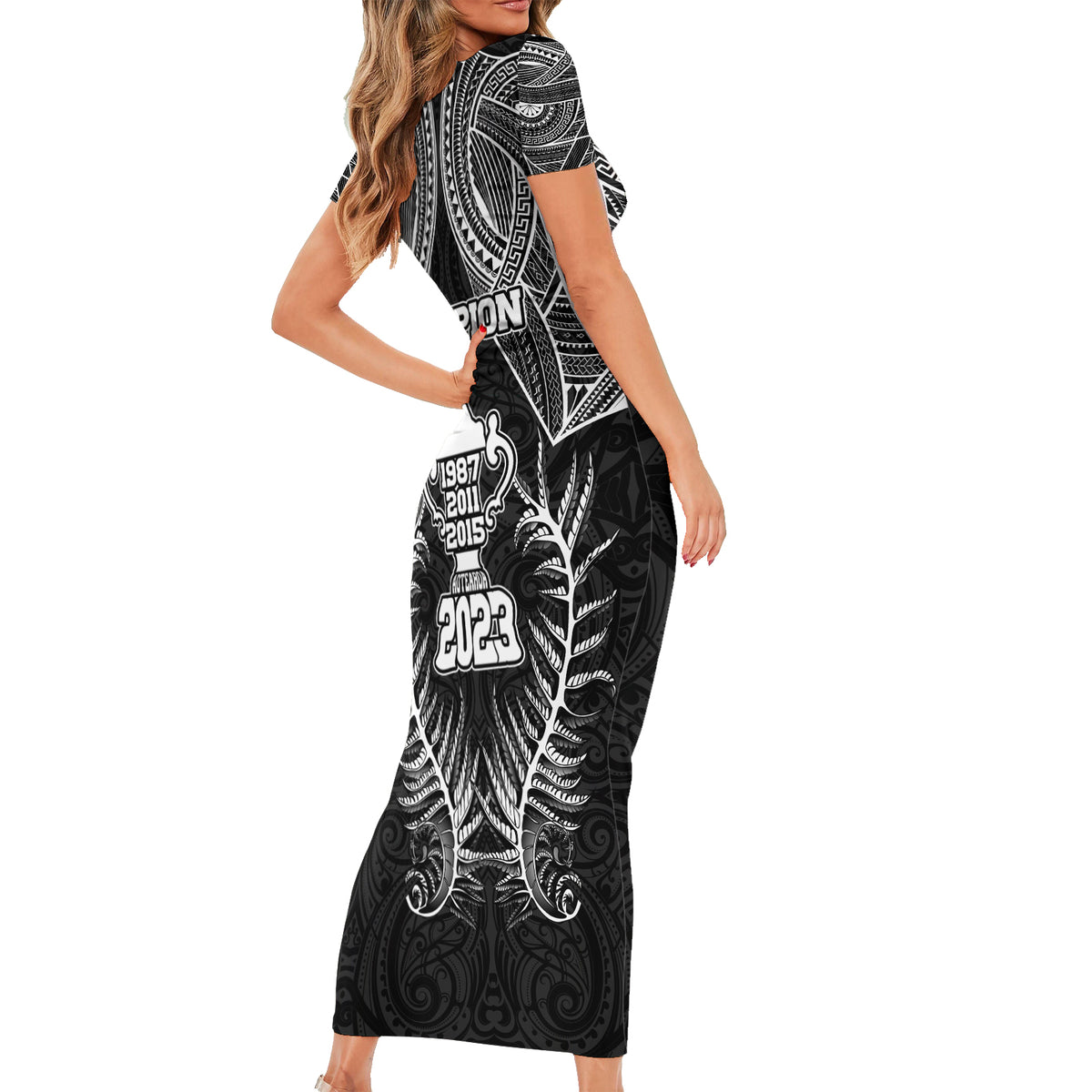 New Zealand Rugby Short Sleeve Bodycon Dress Aotearoa Champion Cup History with Silver Fern LT03 - Polynesian Pride