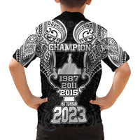 New Zealand Rugby Family Matching Off Shoulder Long Sleeve Dress and Hawaiian Shirt Aotearoa Champion Cup History with Haka Dance LT03 - Polynesian Pride