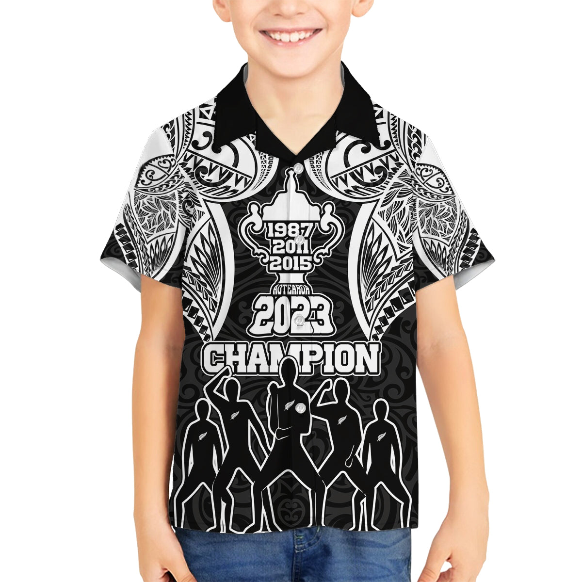 Personalised New Zealand Rugby Family Matching Off Shoulder Long Sleeve Dress and Hawaiian Shirt Aotearoa Champion Cup History with Haka Dance LT03 Son's Shirt Black - Polynesian Pride