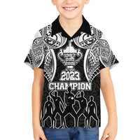 Personalised New Zealand Rugby Family Matching Off Shoulder Long Sleeve Dress and Hawaiian Shirt Aotearoa Champion Cup History with Haka Dance LT03 Son's Shirt Black - Polynesian Pride