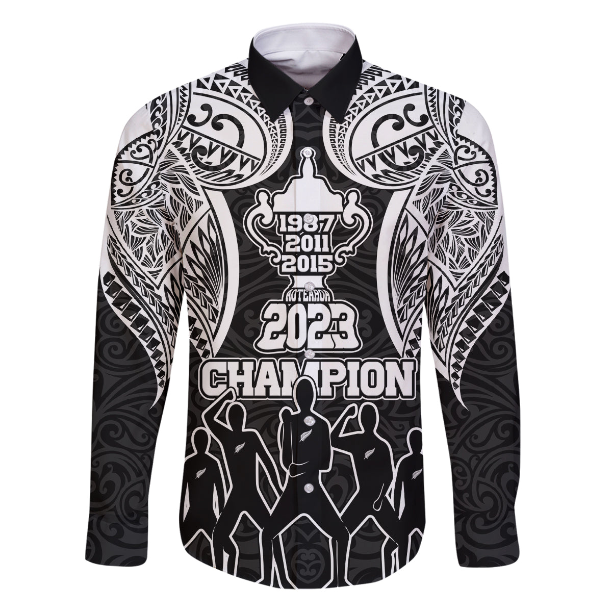 Personalised New Zealand Rugby Family Matching Summer Maxi Dress and Hawaiian Shirt Aotearoa Champion Cup History with Haka Dance LT03 Dad's Shirt - Long Sleeve Black - Polynesian Pride