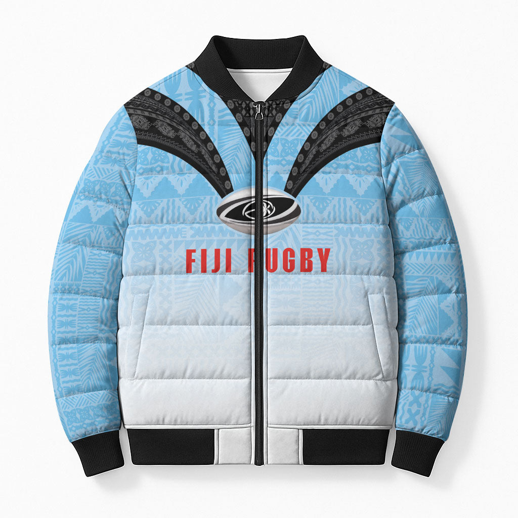 Custom Fijian Rugby Bomber Puffer Jacket Tapa Pattern Retro Sporty Style LT03 Unisex White - Polynesian Pride