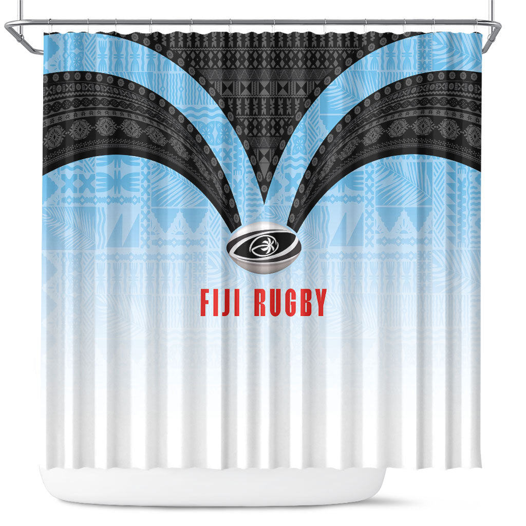 Fijian Rugby Shower Curtain Tapa Pattern Retro Sporty Style LT03 White - Polynesian Pride