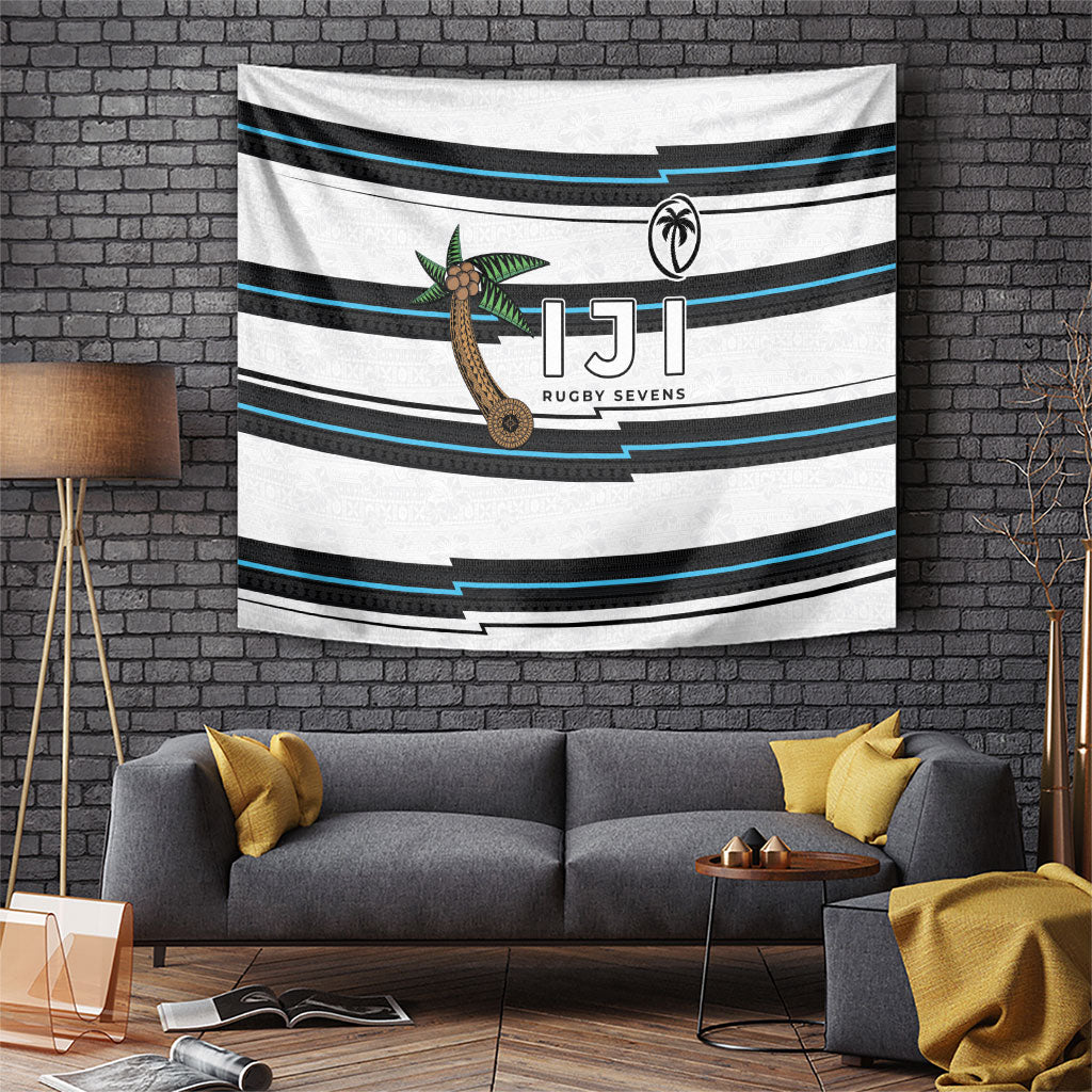 Fijian Rugby Sevens Tapestry Masi Tapa Pattern Stripes Sporty Style LT03 White - Polynesian Pride