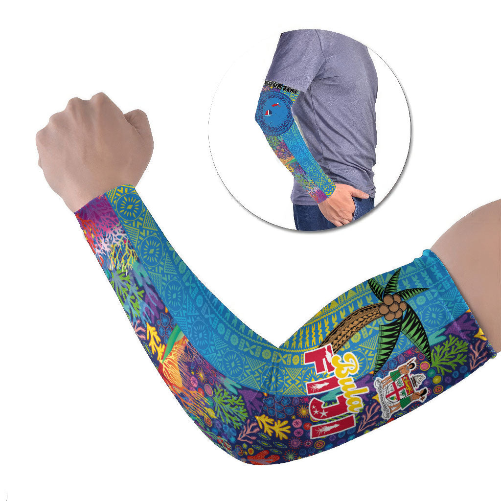 Personalised Fijian Coral Reef Arm Sleeves with Traditional Tapa Pattern Split Style LT03 Set of 2 Multicolor - Polynesian Pride
