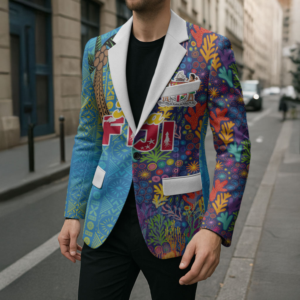 Personalised Fijian Coral Reef Blazer with Traditional Tapa Pattern Split Style LT03 - Polynesian Pride