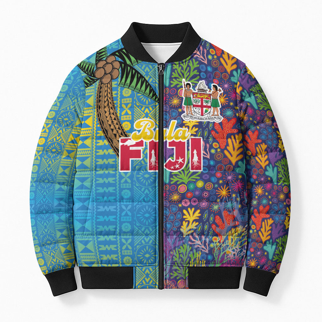 Personalised Fijian Coral Reef Bomber Puffer Jacket with Traditional Tapa Pattern Split Style LT03 Unisex Multicolor - Polynesian Pride