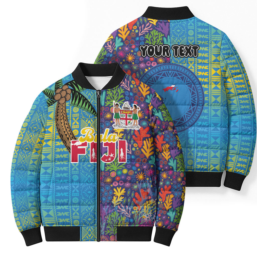 Personalised Fijian Coral Reef Bomber Puffer Jacket with Traditional Tapa Pattern Split Style LT03 - Polynesian Pride