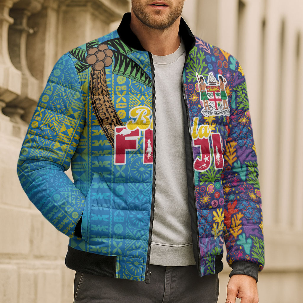 Personalised Fijian Coral Reef Bomber Puffer Jacket with Traditional Tapa Pattern Split Style LT03 - Polynesian Pride