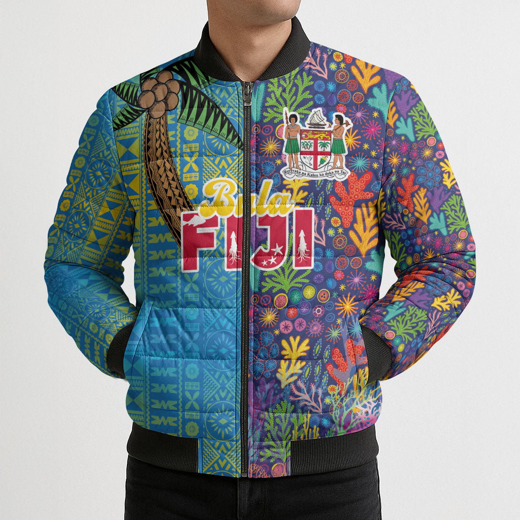 Personalised Fijian Coral Reef Bomber Puffer Jacket with Traditional Tapa Pattern Split Style LT03 - Polynesian Pride