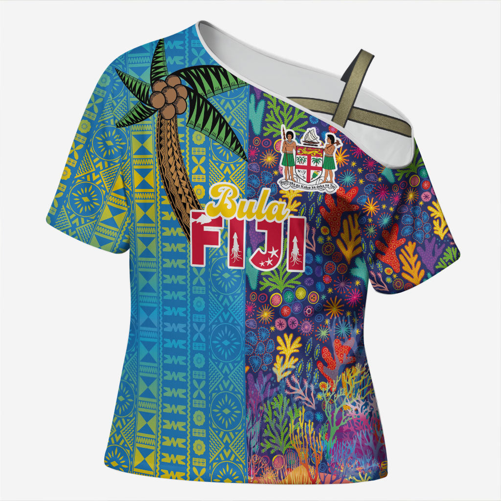 Personalised Fijian Coral Reef Cross Shoulder Shirt with Traditional Tapa Pattern Split Style LT03 Female Multicolor - Polynesian Pride