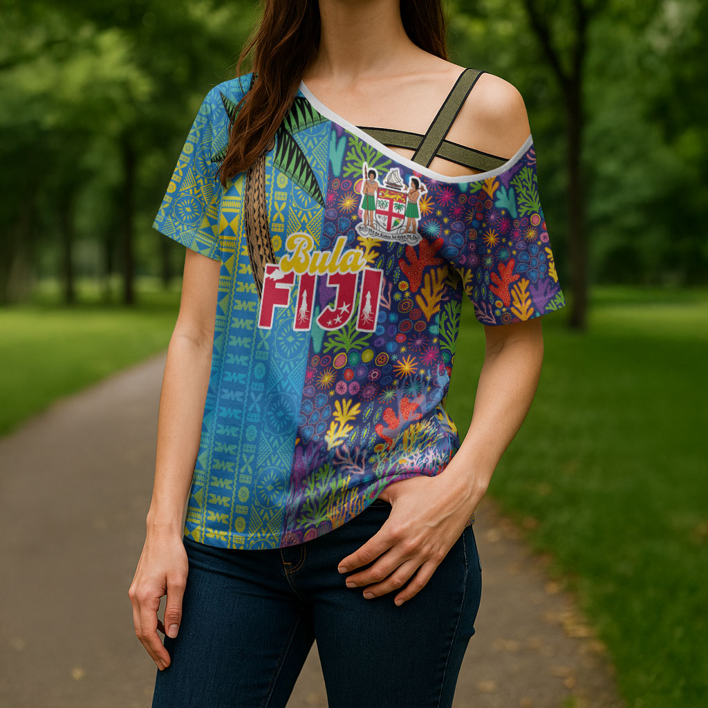 Personalised Fijian Coral Reef Cross Shoulder Shirt with Traditional Tapa Pattern Split Style LT03 - Polynesian Pride