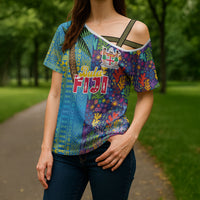 Personalised Fijian Coral Reef Cross Shoulder Shirt with Traditional Tapa Pattern Split Style LT03 - Polynesian Pride