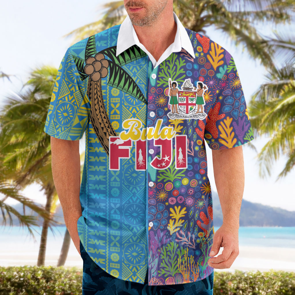 Personalised Fijian Coral Reef Hawaiian Shirt with Traditional Tapa Pattern Split Style LT03 - Polynesian Pride