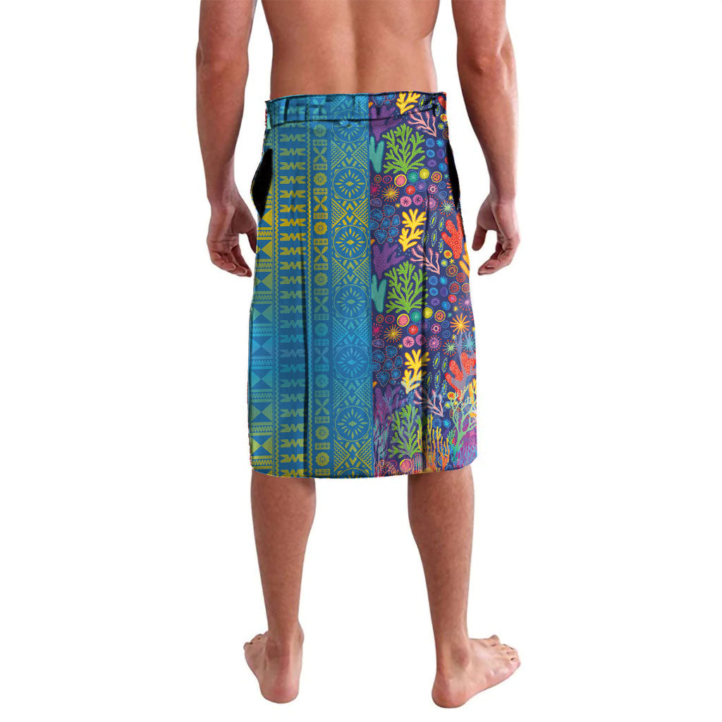 Personalised Fijian Coral Reef Lavalava with Traditional Tapa Pattern Split Style LT03 - Polynesian Pride
