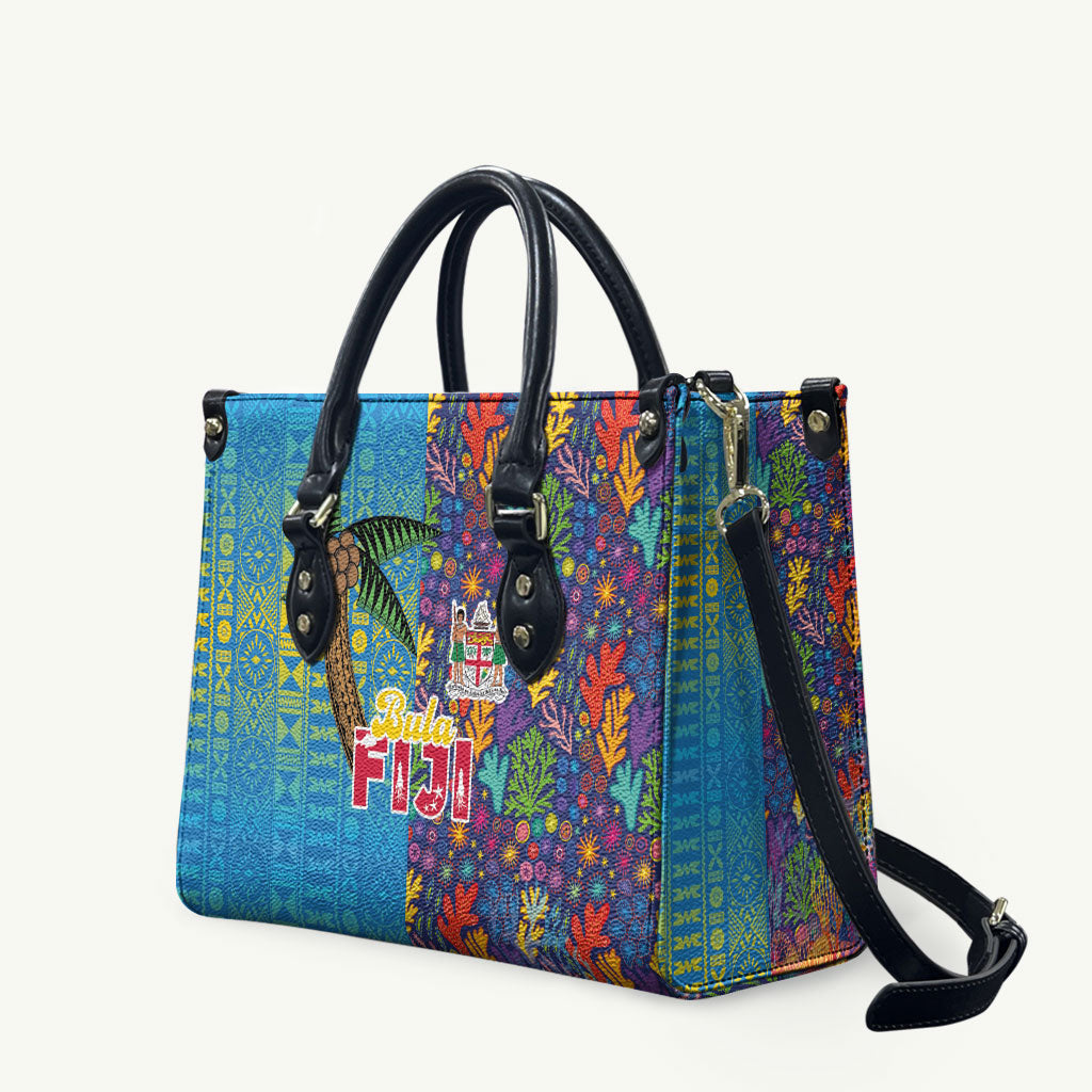 Fijian Coral Reef Leather Bag with Traditional Tapa Pattern Split Style LT03 Multicolor - Polynesian Pride